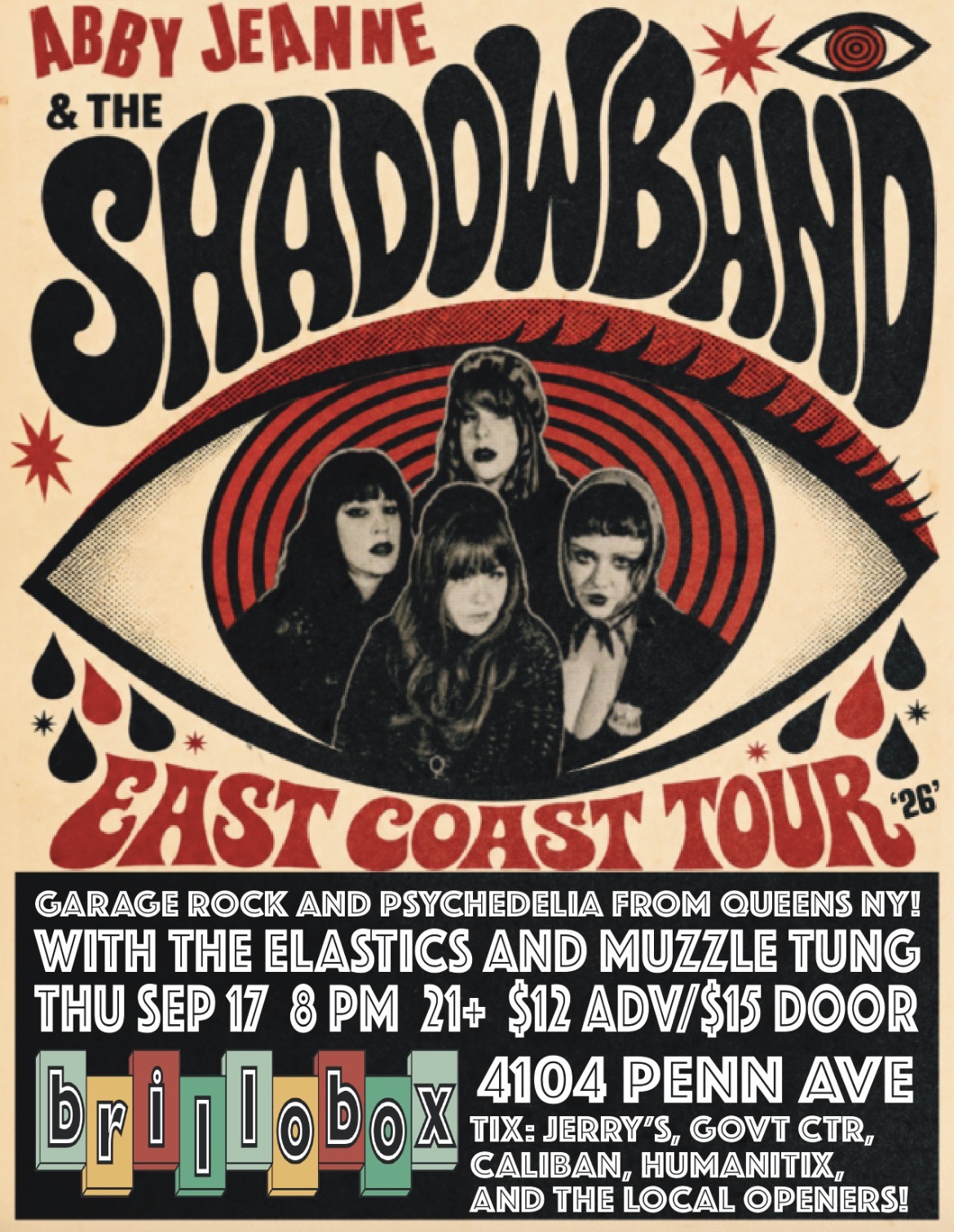 THURSDAY SEPTEMBER 17TH 8PM/$12 ABBY JEANNE & THE SHADOWBAND W/ THE ELASTICS AND MUZZLETUNG